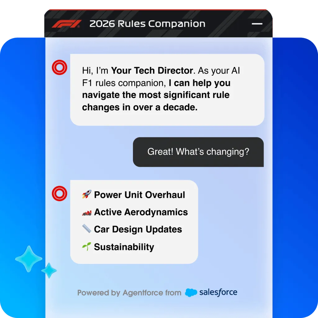 F1 2026 Rules Companion mobile interface chatbot powered by Agentforce from Salesforce.